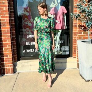 Saloni Vida D ruffle floral print silk satin dress